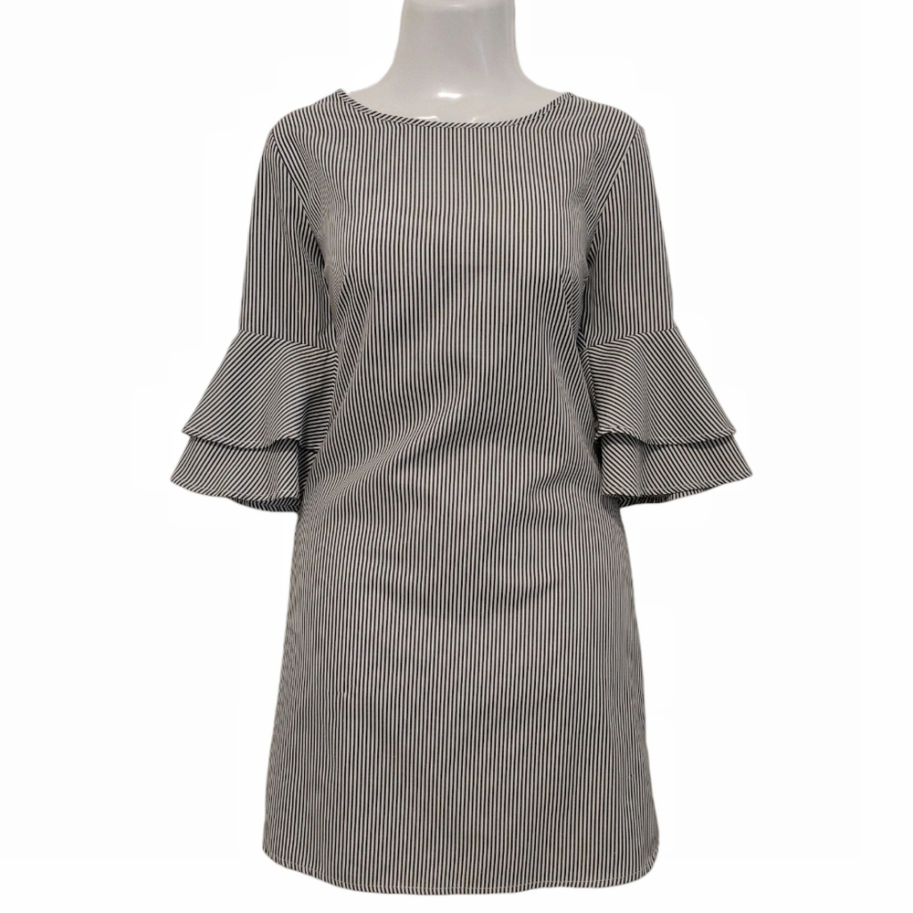 Potter's Pot - Striped Bell Ruffle Sleeves Dress
